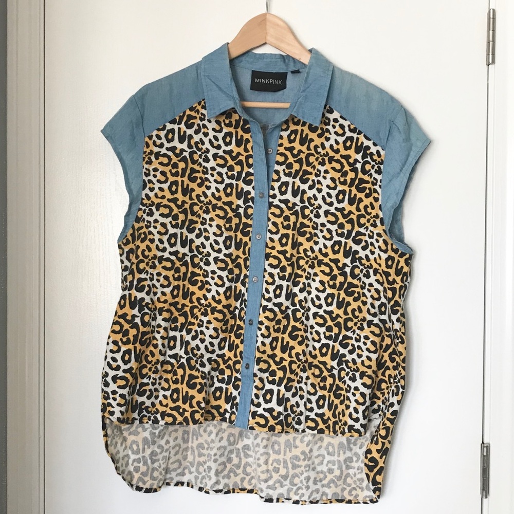 MINKPINK Leopard Print Denim Sleeveless Top